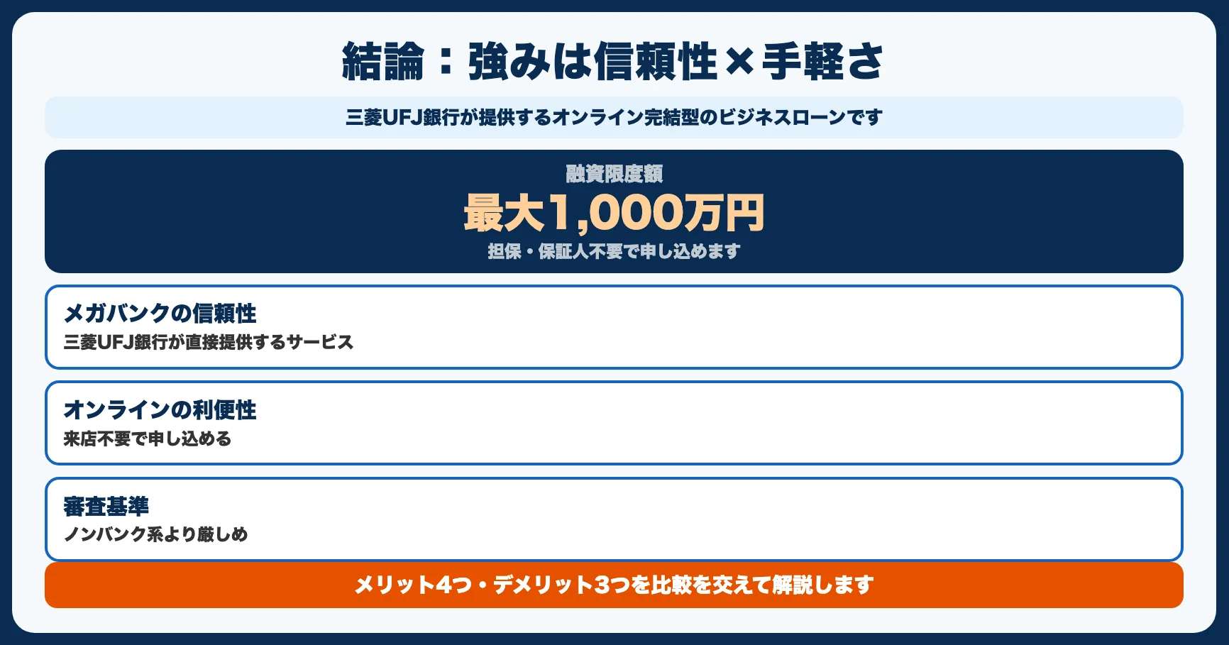【結論】三菱UFJ Biz LENDINGは「メガバンクの安心感×オンラインの手軽さ」が強み